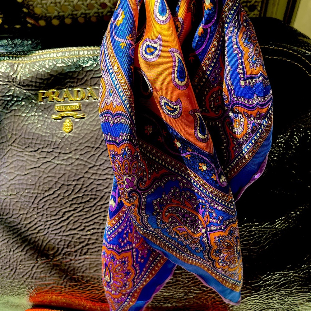 French silk neck scarf, pocket square purse. 14” x 14”. Orange. Indigo. Purple.